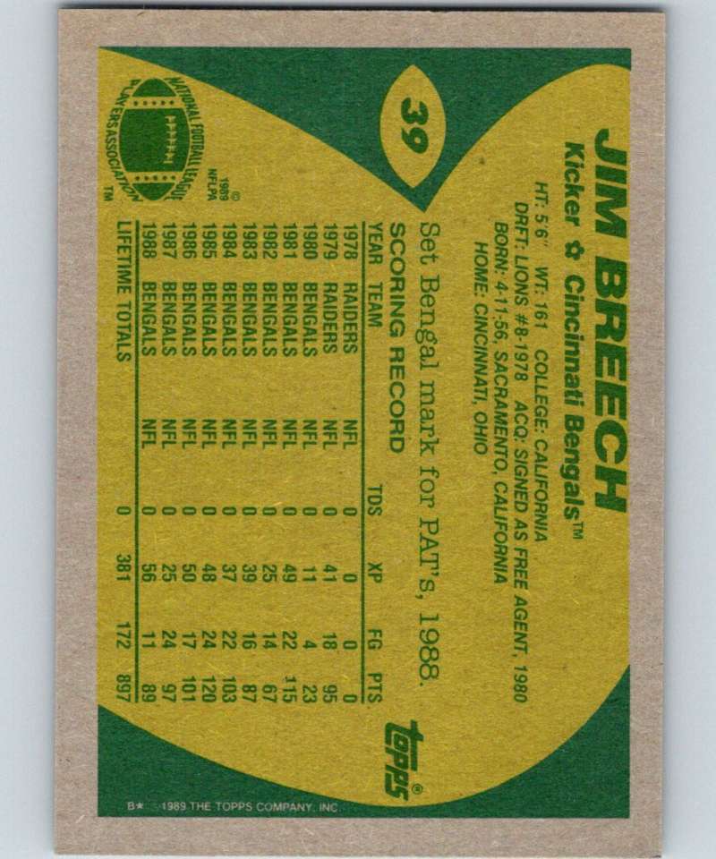 1989 Topps #39 Jim Breech Bengals NFL Football Image 2