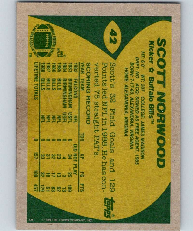 1989 Topps #42 Scott Norwood RC Rookie Bills NFL Football
