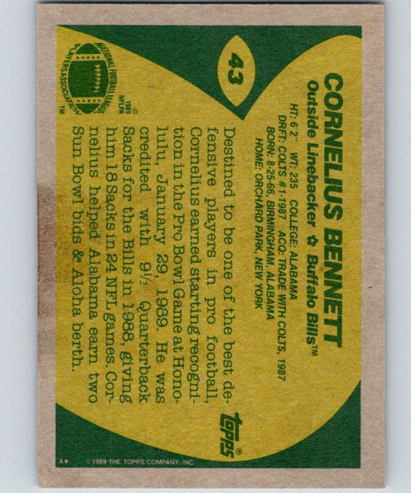 1989 Topps #43 Cornelius Bennett Bills NFL Football Image 2