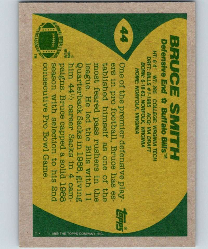 1989 Topps #44 Bruce Smith Bills NFL Football Image 2