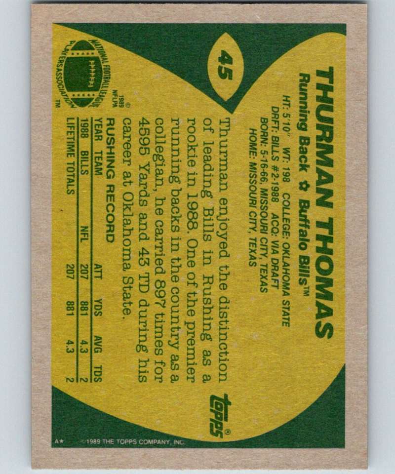 1989 Topps #45 Thurman Thomas RC Rookie Bills NFL Football