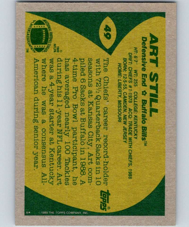 1989 Topps #49 Art Still Bills NFL Football Image 2