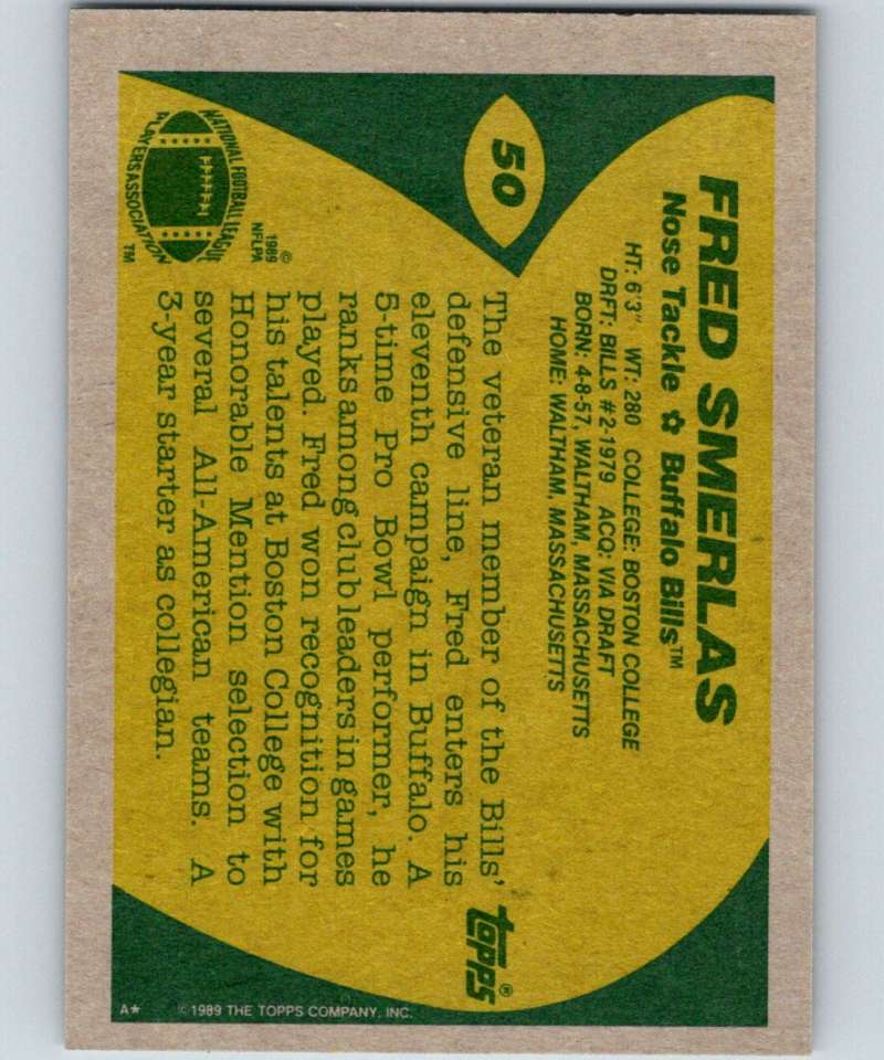 1989 Topps #50 Fred Smerlas Bills NFL Football Image 2