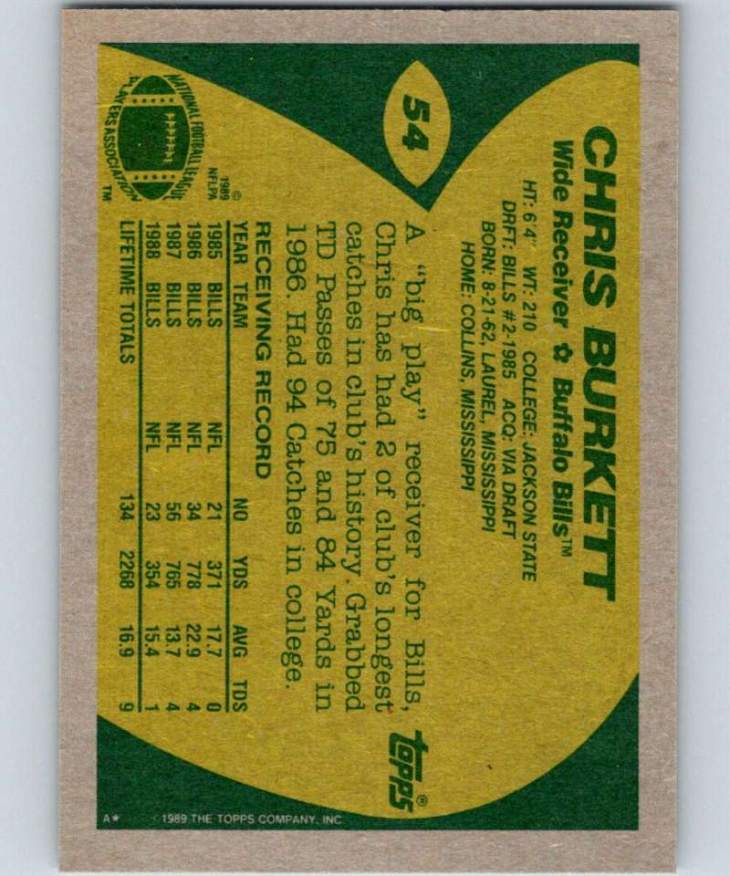 1989 Topps #54 Chris Burkett Bills NFL Football