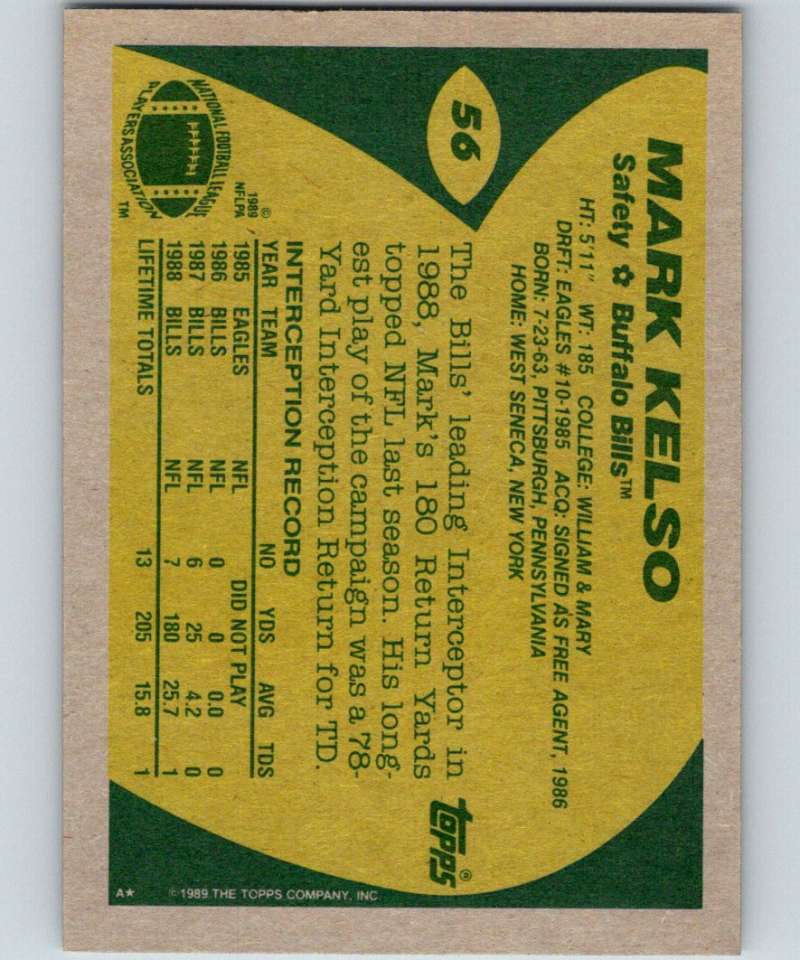 1989 Topps #56 Mark Kelso Bills UER NFL Football Image 2
