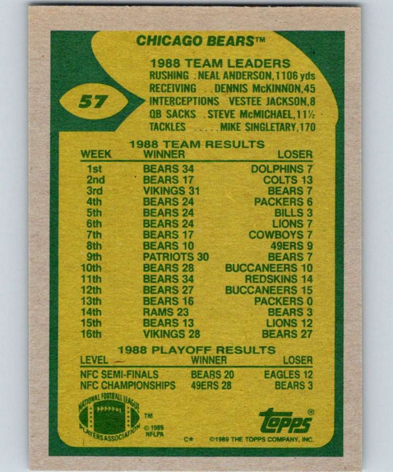 1989 Topps #57 Thomas Sanders Bears TL NFL Football Image 2
