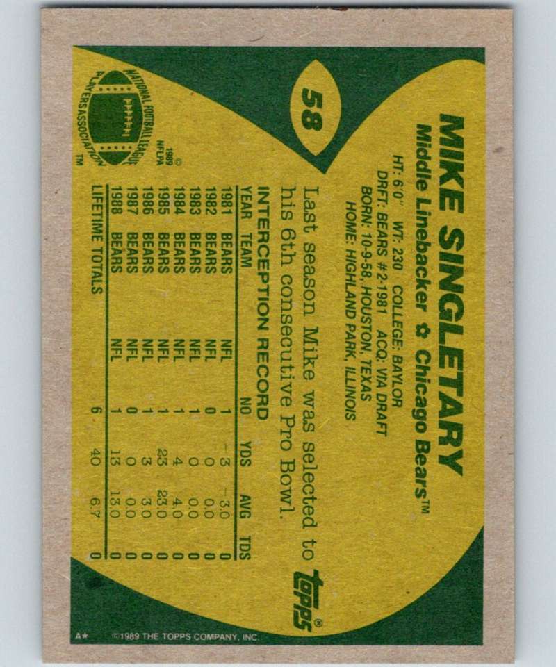 1989 Topps #58 Mike Singletary Bears NFL Football