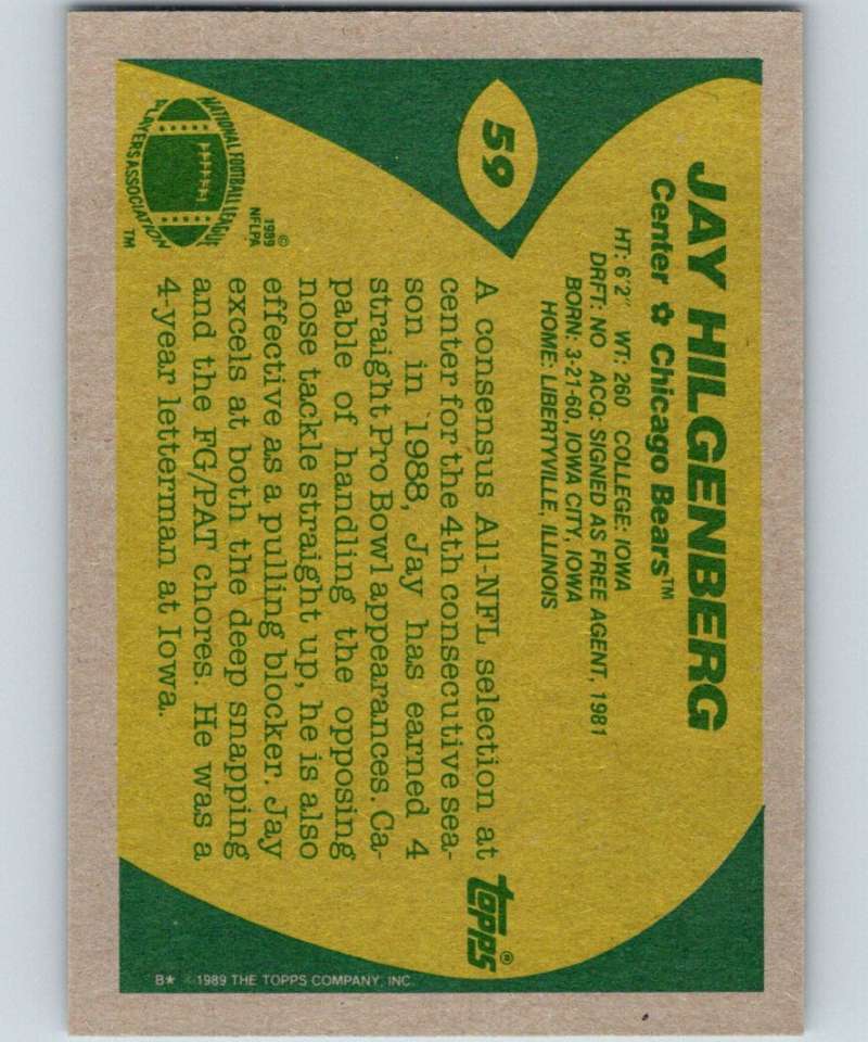 1989 Topps #59 Jay Hilgenberg Bears UER NFL Football Image 2
