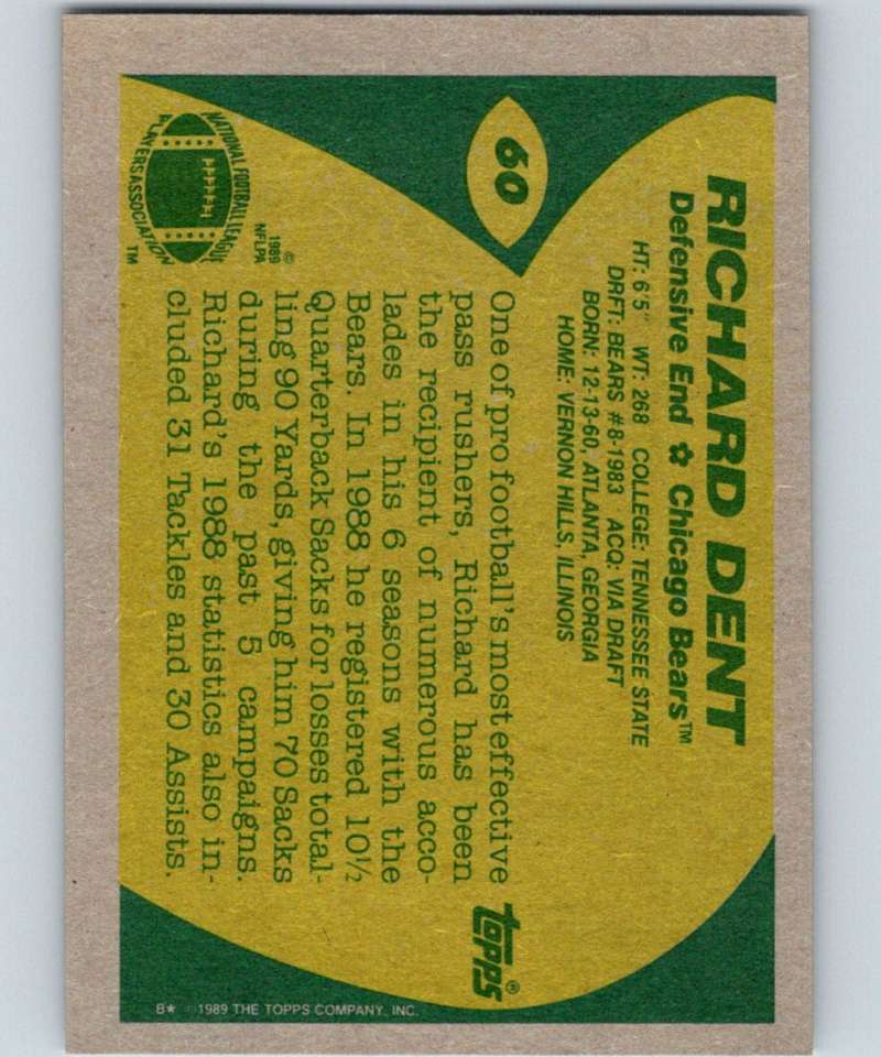 1989 Topps #60 Richard Dent Bears NFL Football Image 2