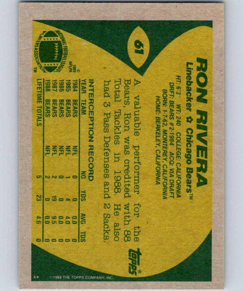 1989 Topps #61 Ron Rivera Bears NFL Football Image 2