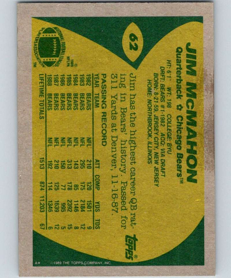 1989 Topps #62 Jim McMahon Bears NFL Football