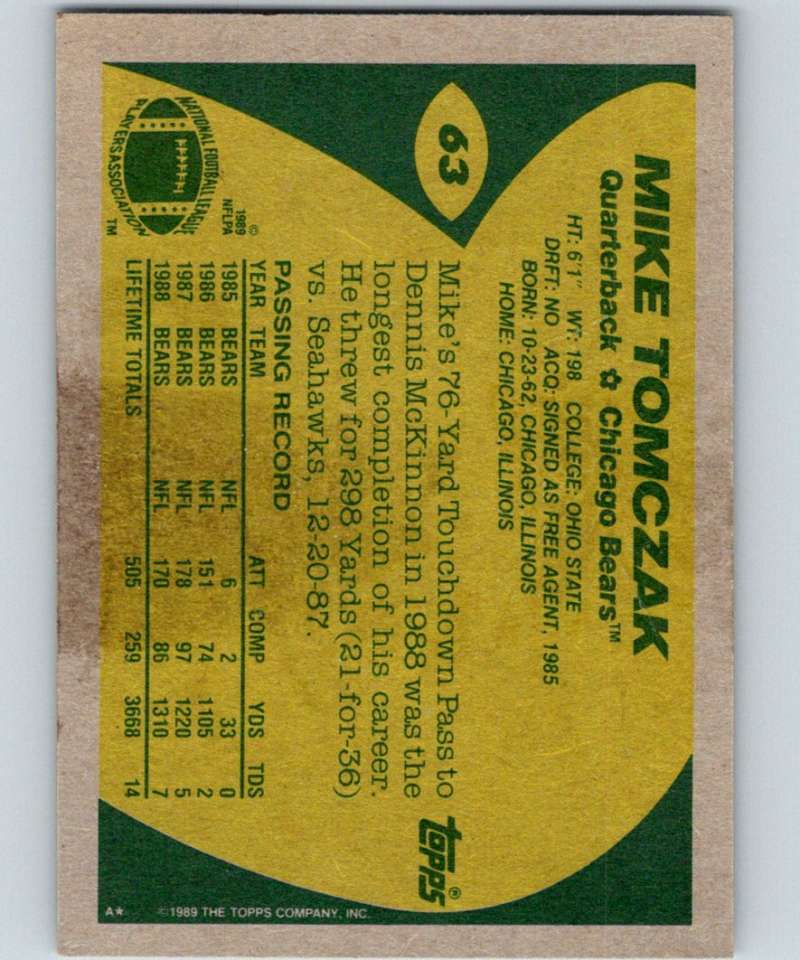1989 Topps #63 Mike Tomczak Bears NFL Football