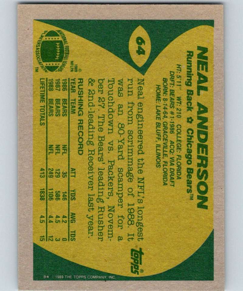 1989 Topps #64 Neal Anderson Bears NFL Football