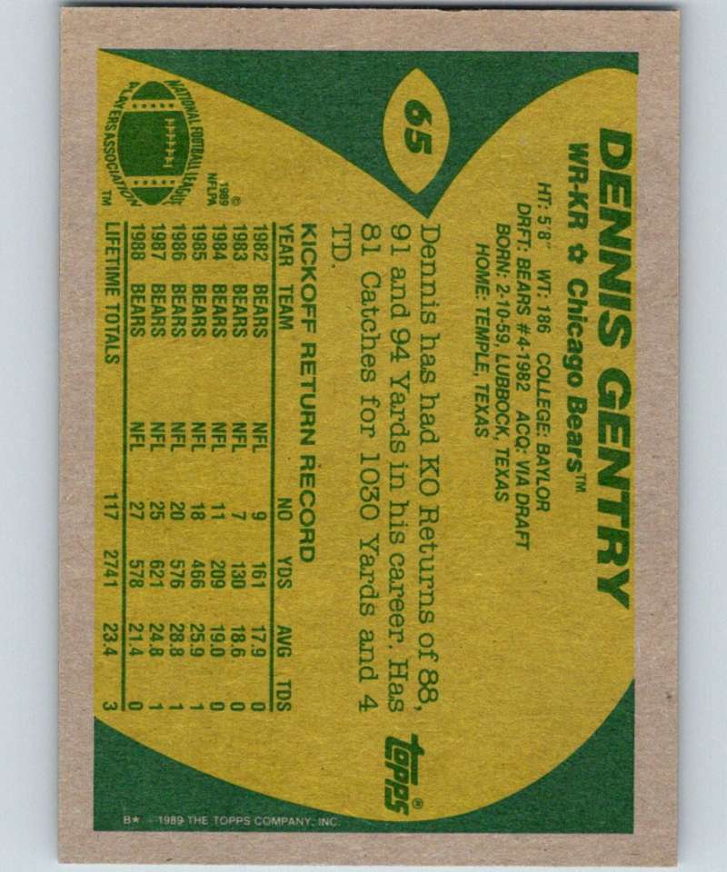 1989 Topps #65 Dennis Gentry Bears NFL Football Image 2