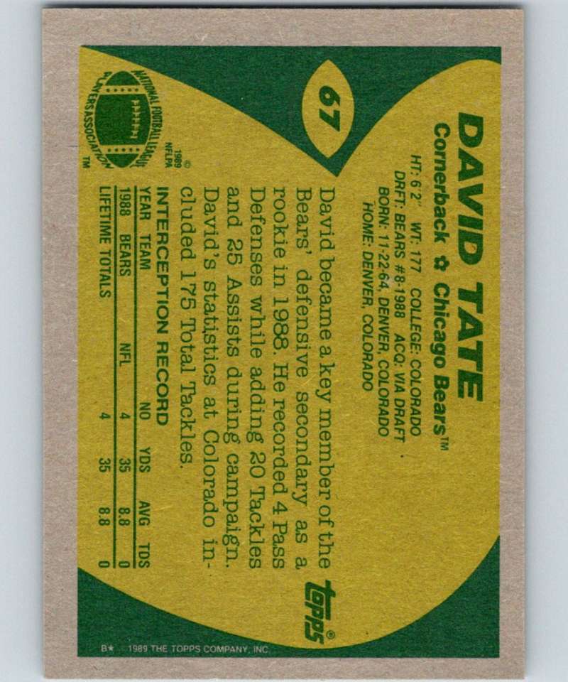 1989 Topps #67 David Tate Bears NFL Football