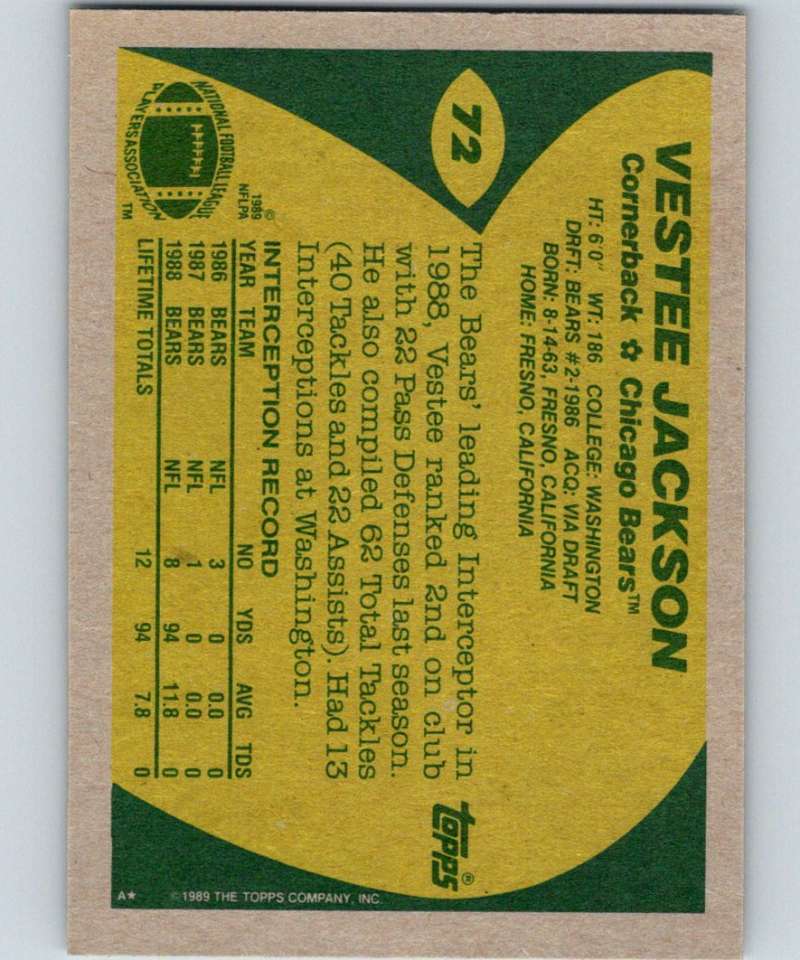 1989 Topps #72 Vestee Jackson RC Rookie Bears NFL Football Image 2