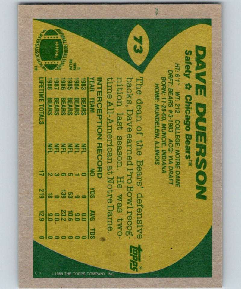 1989 Topps #73 Dave Duerson Bears NFL Football Image 2