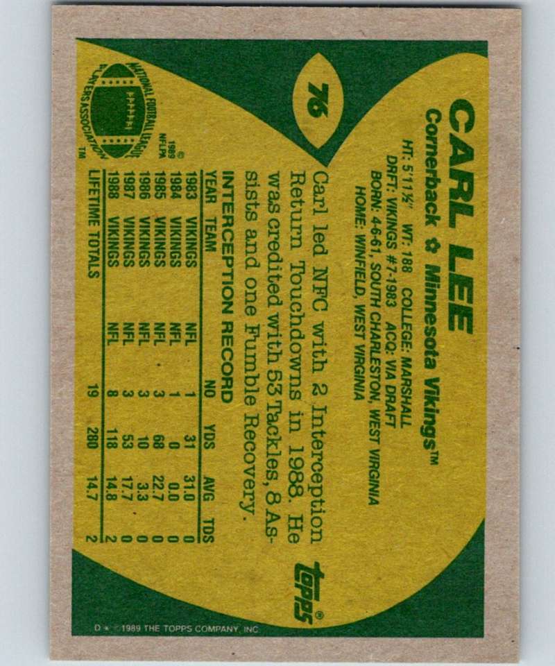 1989 Topps #76 Carl Lee RC Rookie Vikings NFL Football Image 2