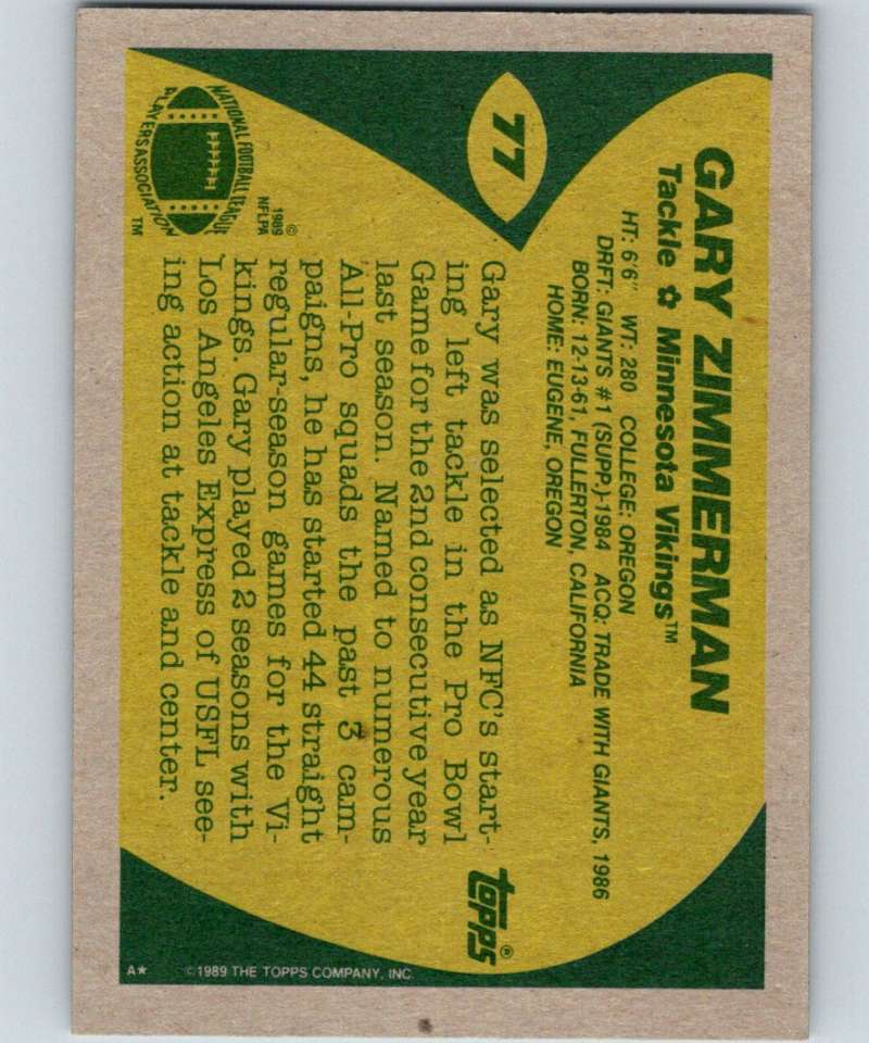1989 Topps #77 Gary Zimmerman Vikings NFL Football Image 2