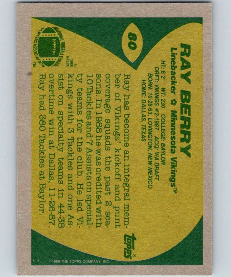1989 Topps #80 Ray Berry Vikings NFL Football Image 2