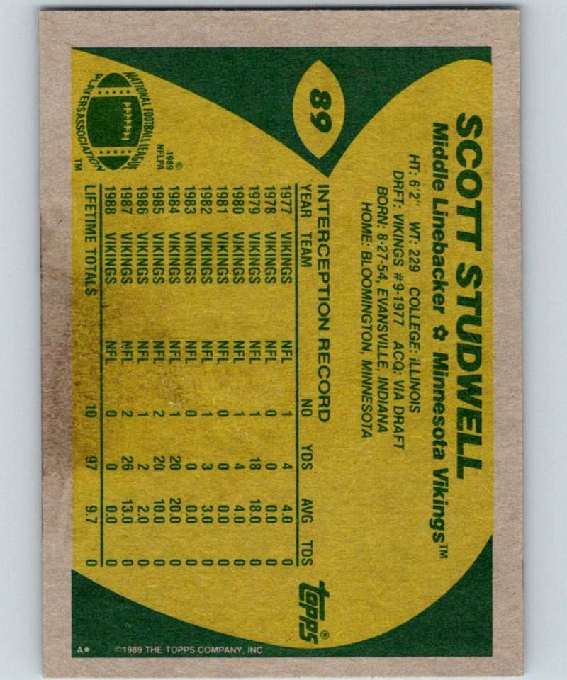 1989 Topps #89 Scott Studwell Vikings NFL Football Image 2