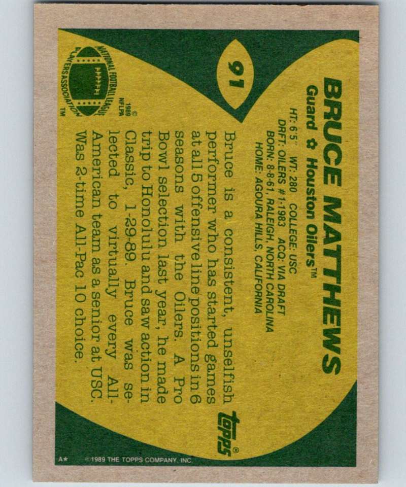 1989 Topps #91 Bruce Matthews RC Rookie Oilers NFL Football