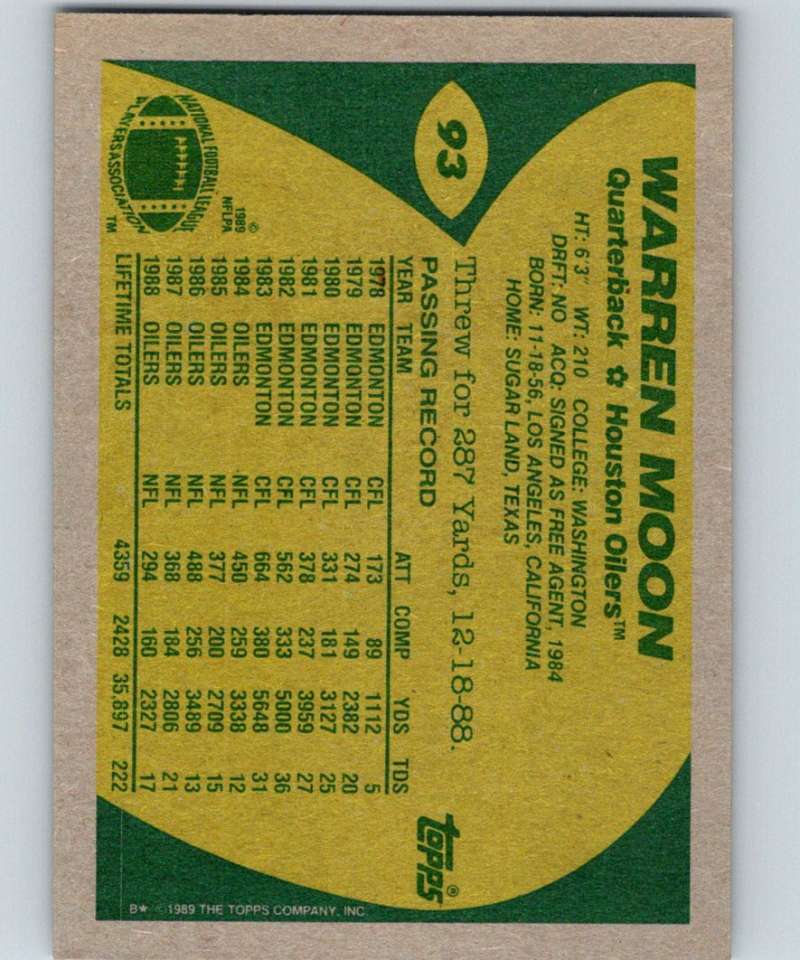 1989 Topps #93 Warren Moon Oilers NFL Football Image 2