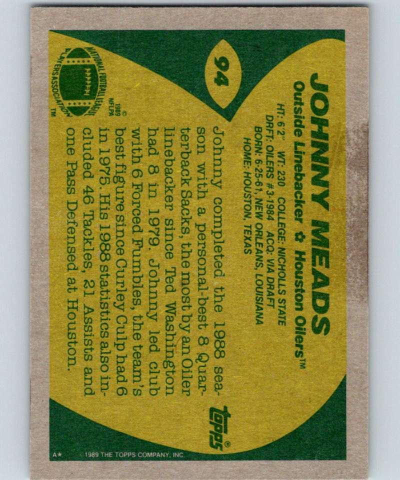 1989 Topps #94 Johnny Meads RC Rookie Oilers NFL Football Image 2