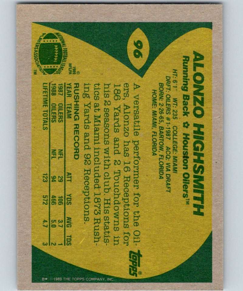 1989 Topps #96 Alonzo Highsmith Oilers NFL Football Image 2
