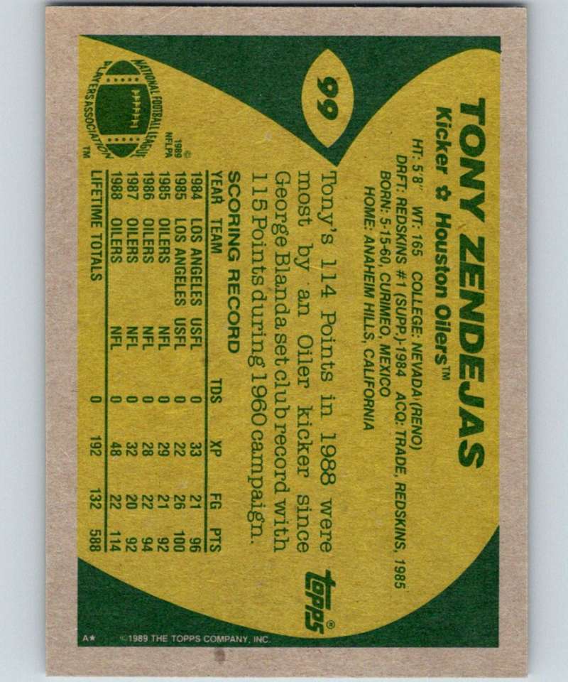 1989 Topps #99 Tony Zendejas Oilers NFL Football Image 2