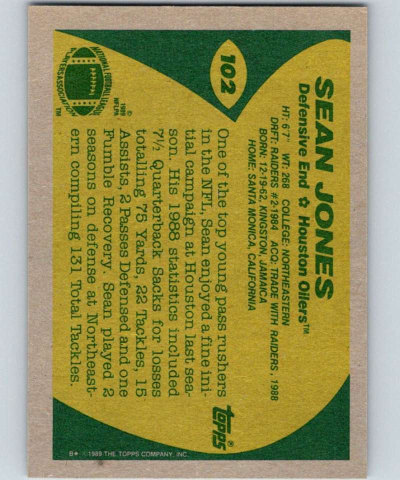 1989 Topps #102 Sean Jones Oilers NFL Football Image 2