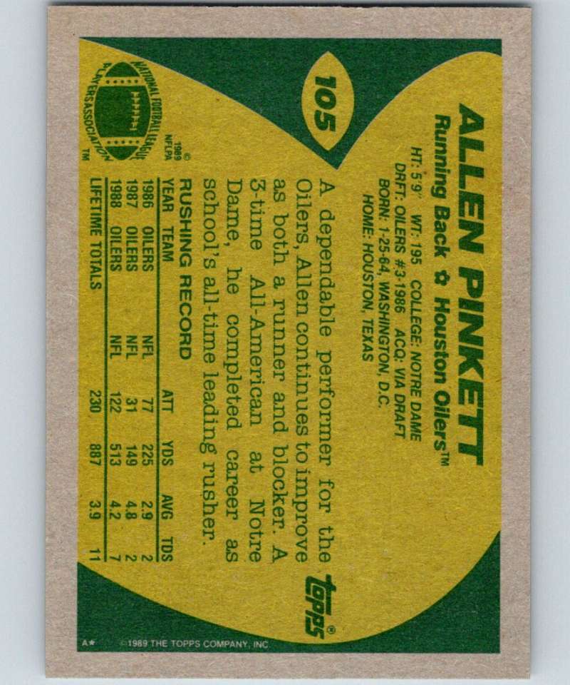 1989 Topps #105 Allen Pinkett RC Rookie Oilers NFL Football Image 2