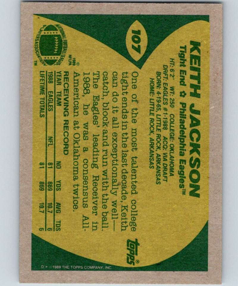 1989 Topps #107 Keith Jackson RC Rookie Eagles NFL Football
