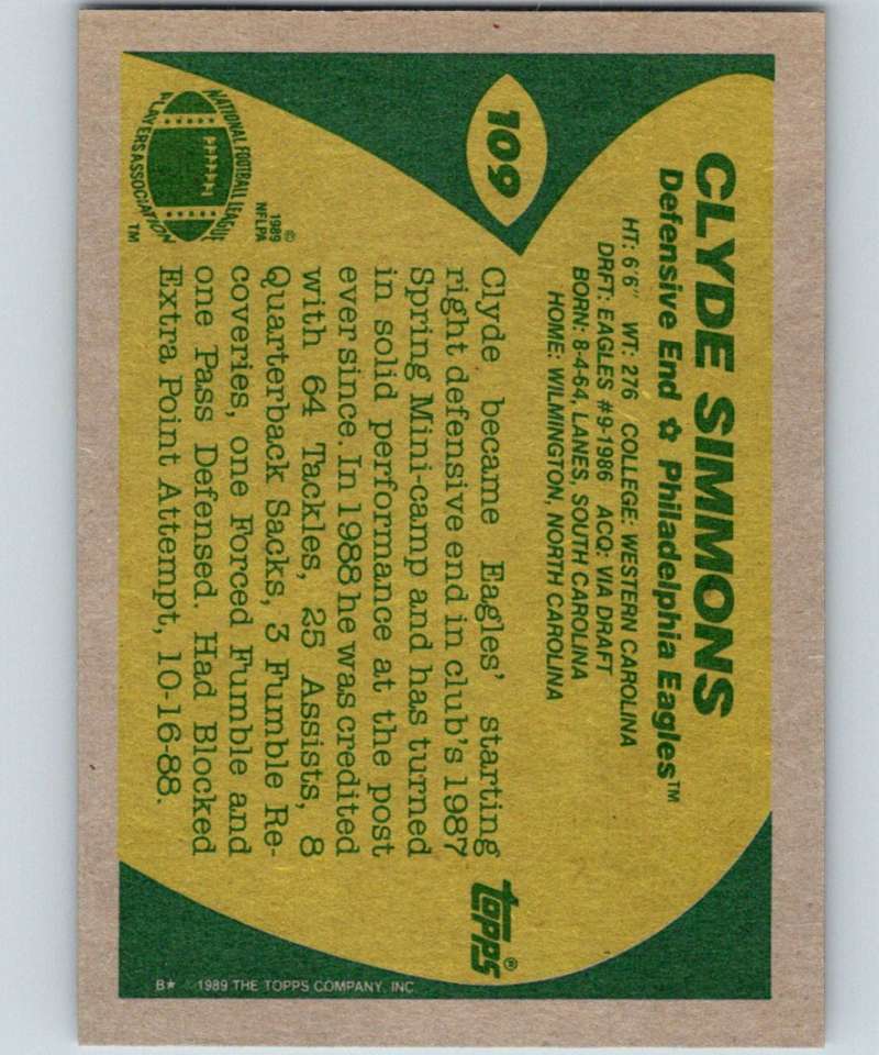 1989 Topps #109 Clyde Simmons Eagles NFL Football Image 2