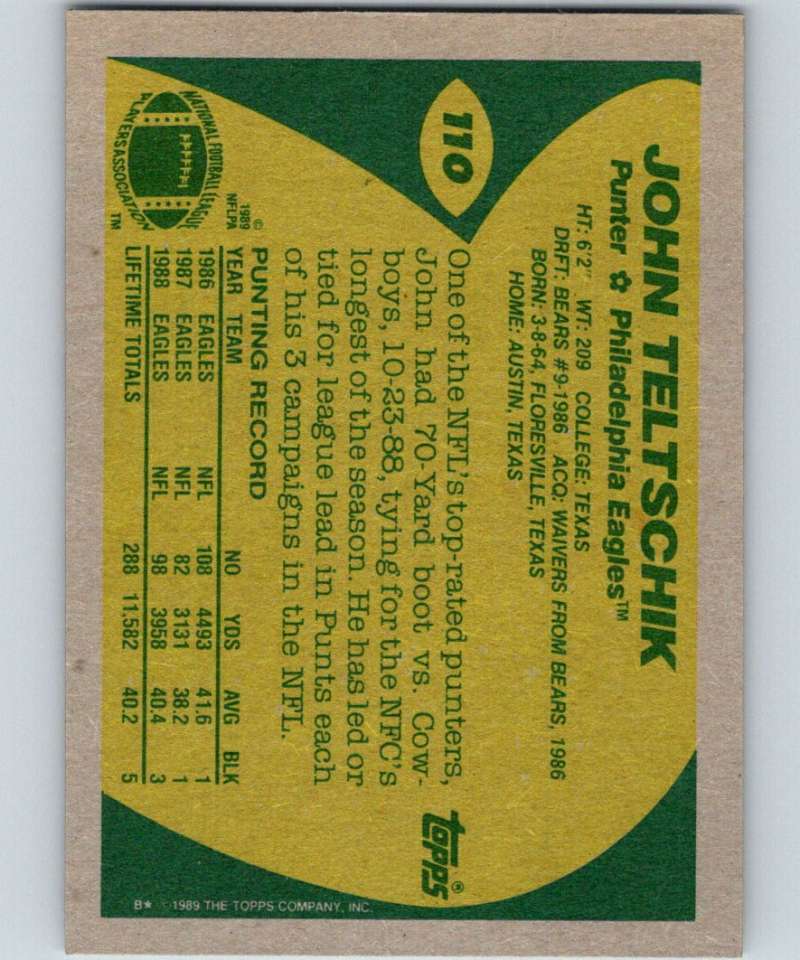 1989 Topps #110 John Teltschik Eagles NFL Football