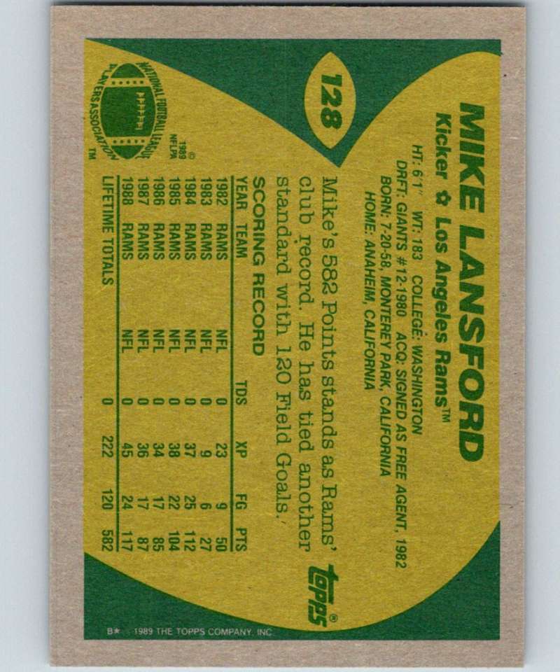 1989 Topps #128 Mike Lansford LA Rams NFL Football Image 2