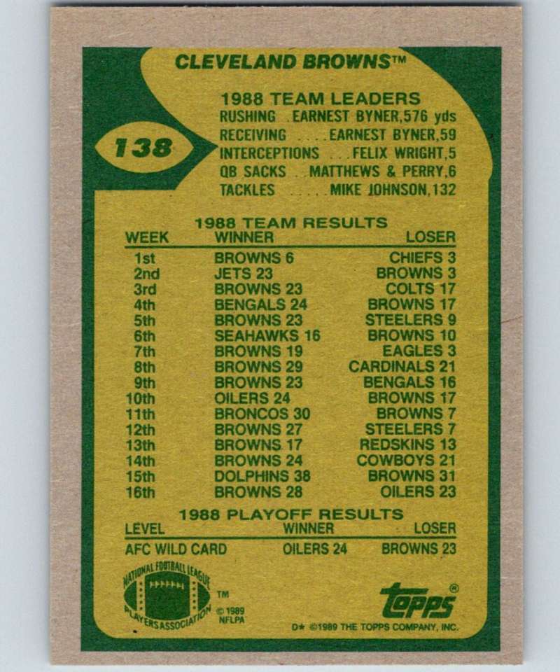 1989 Topps #138 Bernie Kosar Browns TL NFL Football Image 2