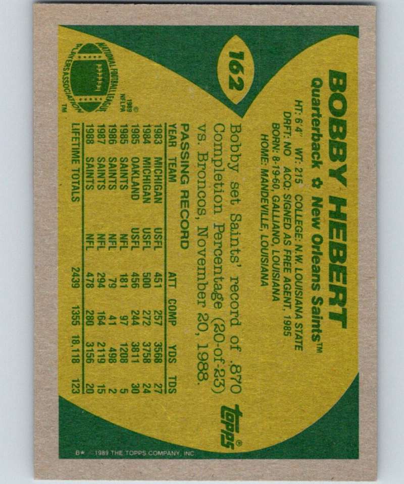 1989 Topps #162 Bobby Hebert Saints NFL Football Image 2