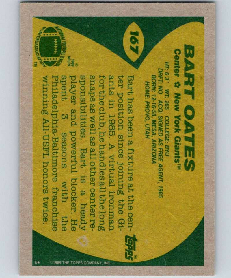 1989 Topps #167 Bart Oates NY Giants NFL Football Image 2