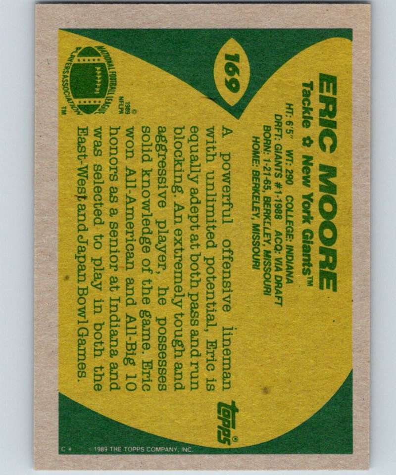 1989 Topps #169 Eric Moore RC Rookie NY Giants NFL Football Image 2