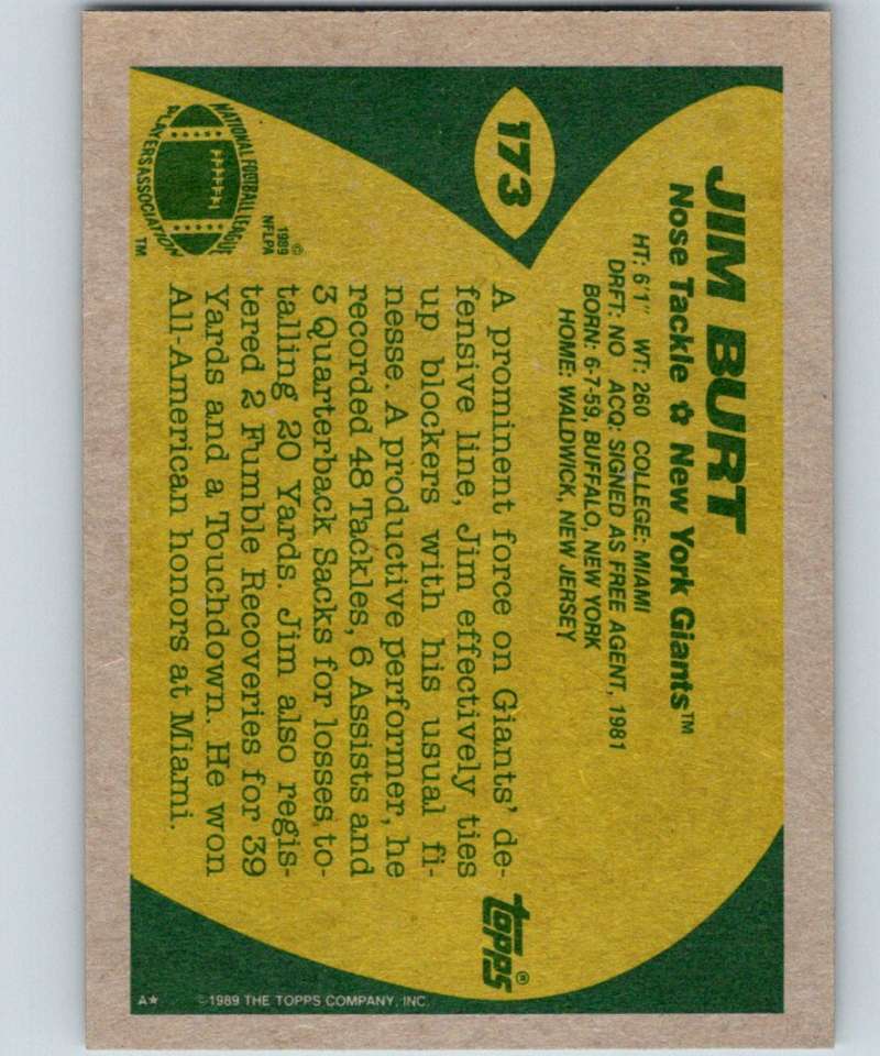1989 Topps #173 Jim Burt NY Giants NFL Football Image 2