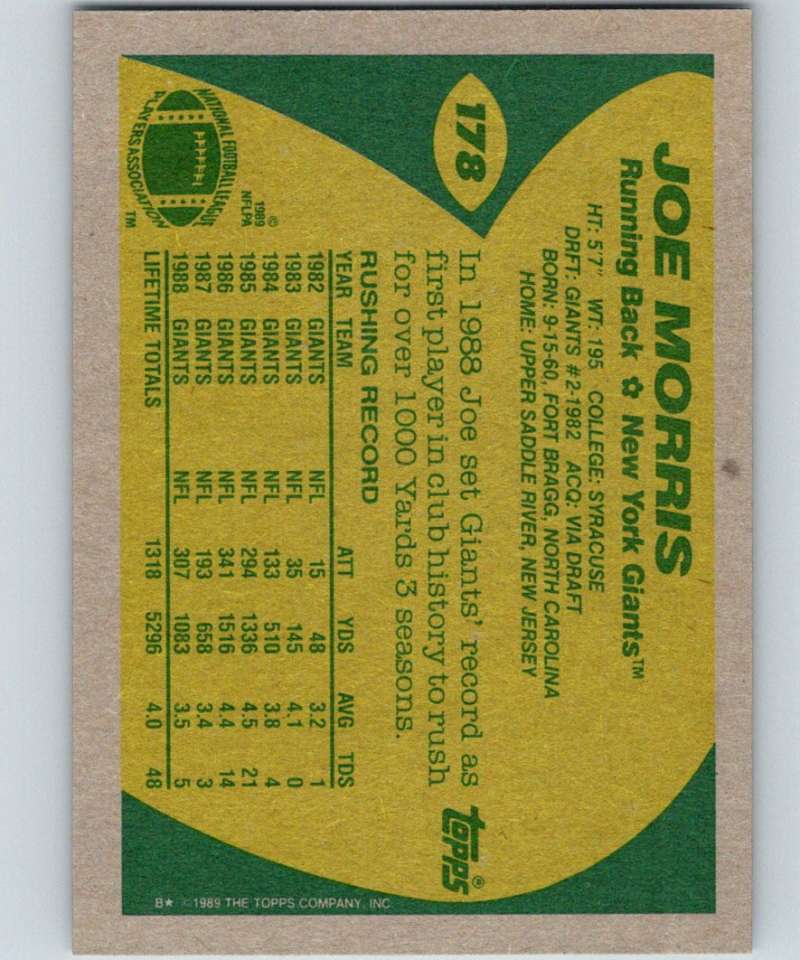 1989 Topps #178 Joe Morris NY Giants NFL Football Image 2