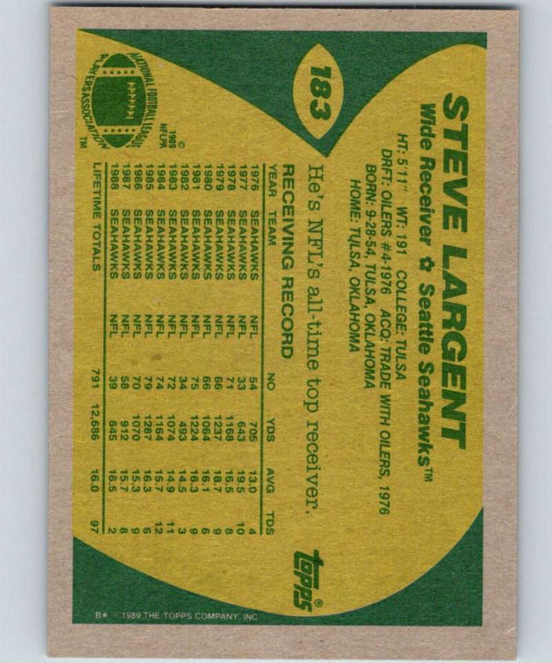 1989 Topps #183 Steve Largent Seahawks NFL Football Image 2