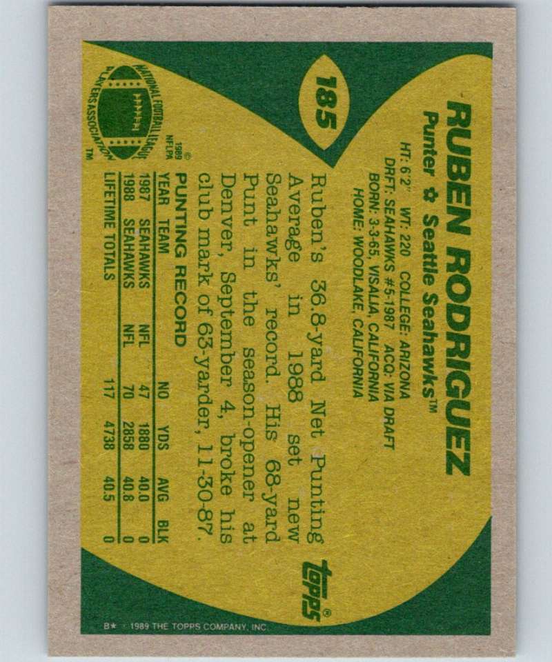 1989 Topps #185 Ruben Rodriguez Seahawks NFL Football Image 2