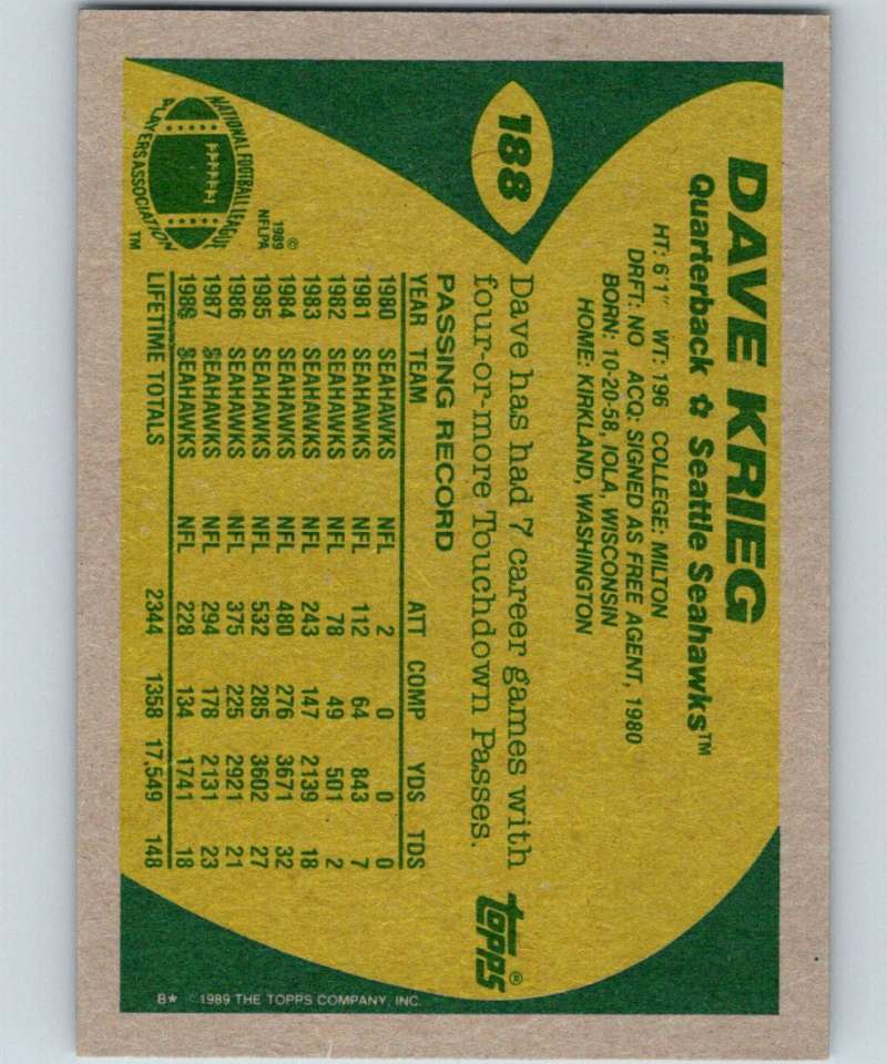 1989 Topps #188 Dave Krieg Seahawks NFL Football Image 2