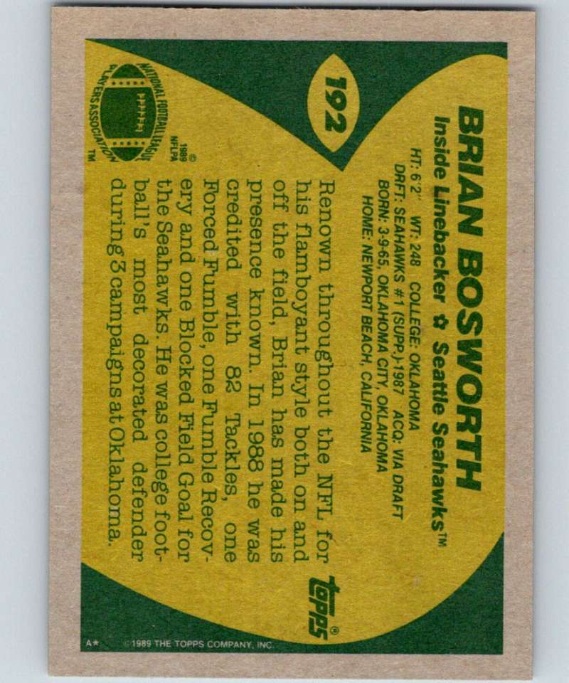 1989 Topps #192 Brian Bosworth Seahawks NFL Football