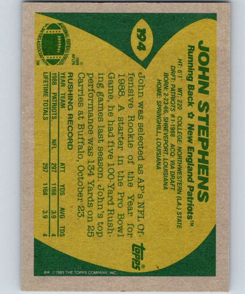 1989 Topps #194 John Stephens RC Rookie Patriots NFL Football Image 2