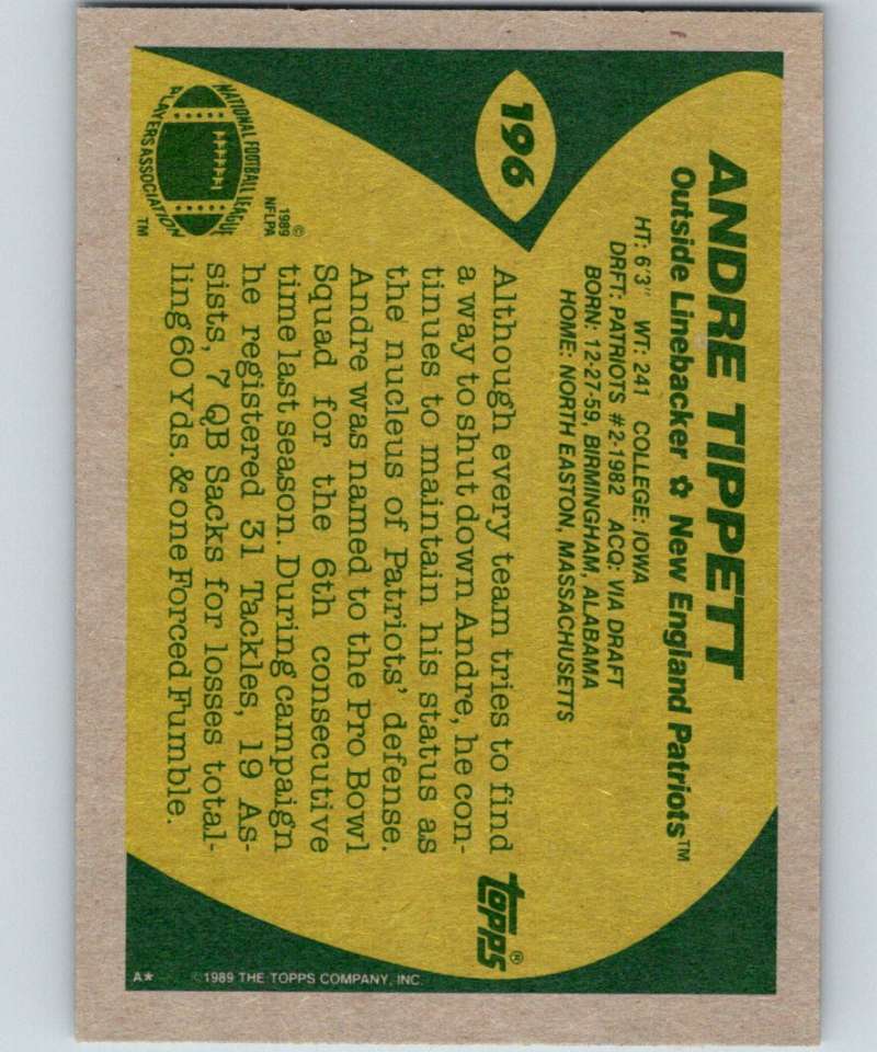 1989 Topps #196 Andre Tippett Patriots NFL Football Image 2