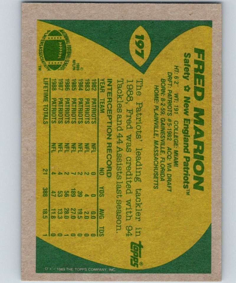1989 Topps #197 Fred Marion Patriots NFL Football Image 2