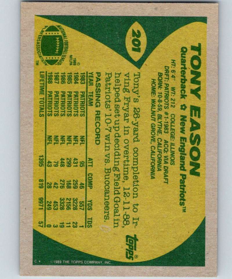 1989 Topps #201 Tony Eason Patriots NFL Football Image 2